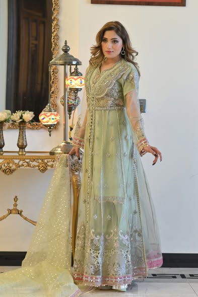 Fancy Pista Green Maxi Gown – Timeless Elegance Awaits!
